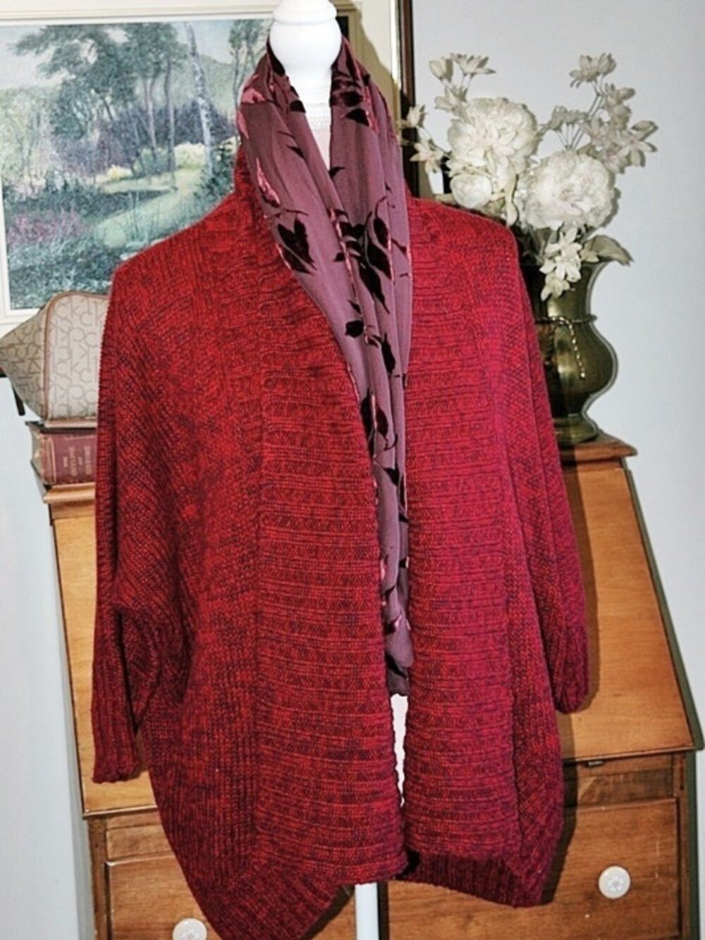 LARGE Red (with a dark mauve blend) Buttonless Cardigan